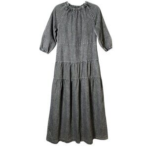 Weekend Womens Gray Chambray Cotton Lagenlook Boho Tiered Ruched Maxi Dress XS